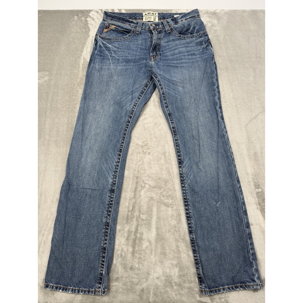Ariat M4 Jeans Mens 31x34 Blue Denim Bootcut Stretch Distressed Western Cowboy